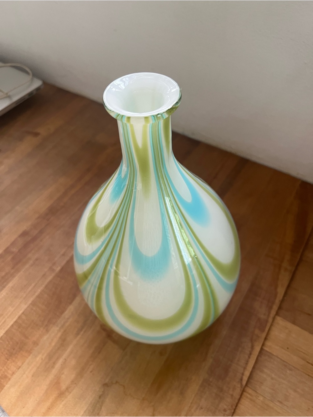 Hand-Blown White Glass Vase with Aqua and Lime Swirl